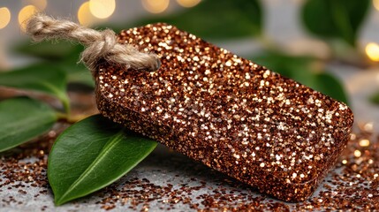 Glittery gold tag on gray surface with leaves