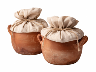 Rustic clay pots with cloth covers, perfect for traditional cooking or storage