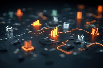 Abstract circuit board graphic with glowing icons