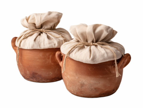 Rustic clay pots with cloth covers, perfect for traditional cooking or storage