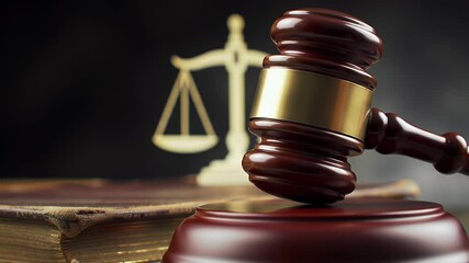A wooden gavel rests on a sounding block, with scales of justice and an old book in the blurred background.
