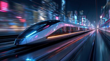 Fototapeta premium Maglev superconducting track piercing future city: Streamlined vehicles racing through neon tunnels with real-time energy flow and carbon reduction data displays