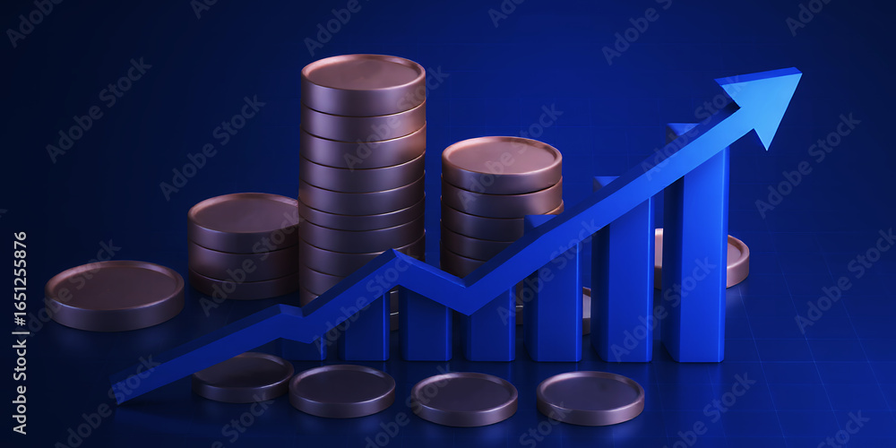 Poster stacks of coins with a blue arrow and bar graph showing growth on a dark blue background