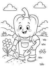 coloring book paprika planting flowers in a garden.