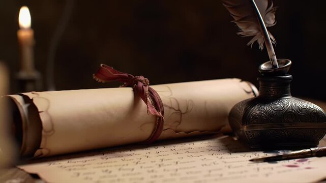 Still life featuring an antique scroll tied with a ribbon, an inkwell with a quill, loose paper, and a lit candle on a dark surface.