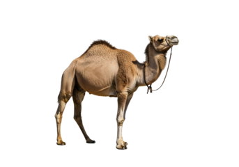A side view of a camel, light brown in color, against a black background,  with a detailed view of its body, legs, and head.