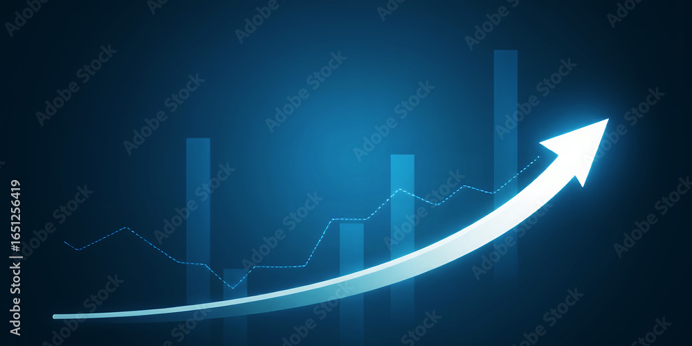 Poster an image showing a white arrow pointing upwards with a graph and bars in the background