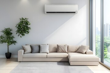Beige corner sofa in a minimalist living room with an air conditioner and a window with a city view. Minimalist interior design of a modern home entryway