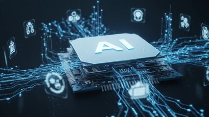 AI microprocessor. The central chip is illuminated amidst a digital environment of binary code and light, symbolizing the power of artificial intelligence. - Powered by Adobe