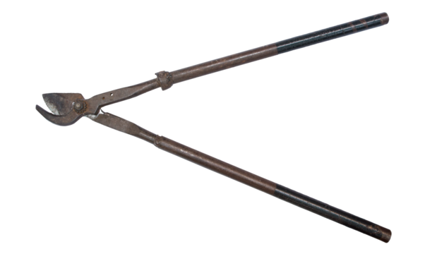 Tijeras de poda antigua para cortar ramas. De hierro. Imagen aislada. Fondo transparente