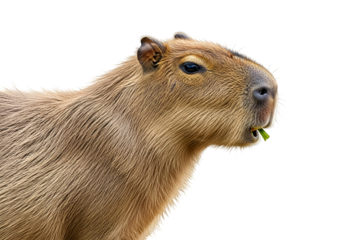 Close-up profile view of a capybara, showcasing its rich, textured fur and attentive expression as it munches on vegetation.
