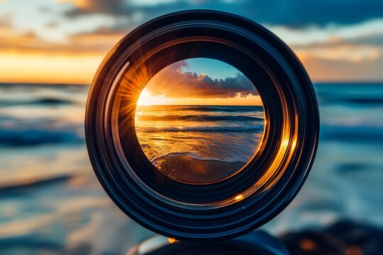 Close-up of a camera lens reflecting a beach sunset, blurred ocean waves in background, warm golden lighting, travel photography theme