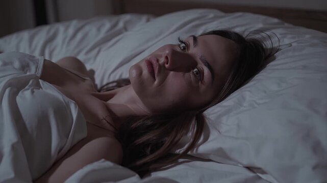 Woman lying on white sheets, wide awake and overthinking at midnight