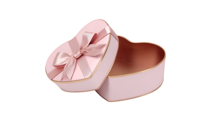 Pink heart shaped gift box with ribbon open empty
