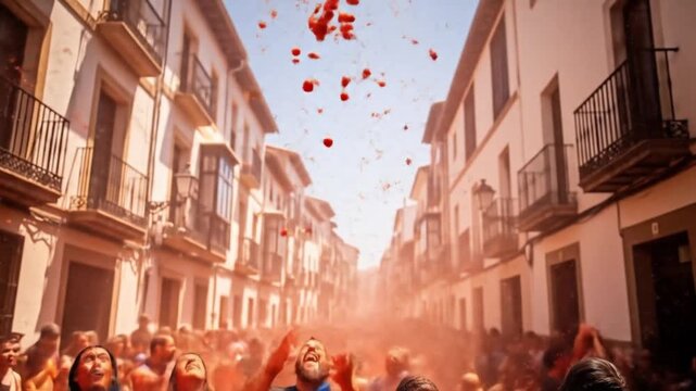 Vibrant Tomato Festival: Joyful Crowd Engaged in Energetic Street Battle, Splashing Red Pulp