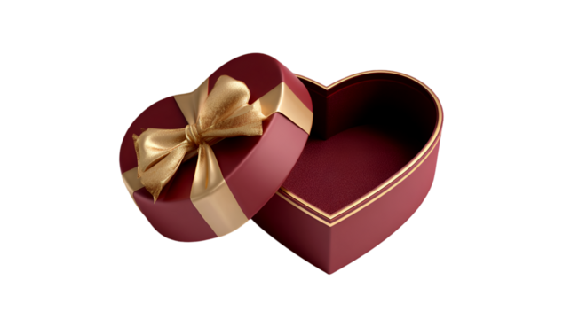 Open heart shaped gift box with gold ribbon Valentines Day present
