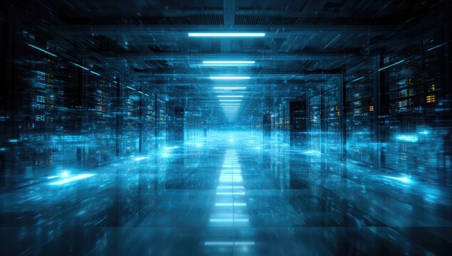 Futuristic server room with neon glow