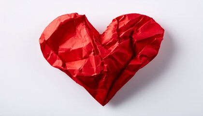 a crumpled red paper heart isolated on white background