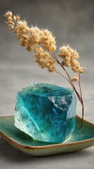 Turquoise crystal on a dish, with dried flowers