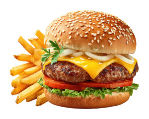Tasty burger and fries fast food restaurant food isolated on transparent background
