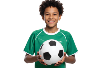 A young boy in a green soccer jersey is smiling and holding a black and white soccer