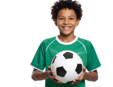 A young boy in a green soccer jersey is smiling and holding a black and white soccer