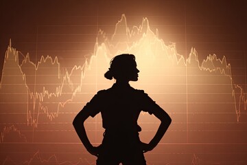 Silhouette of a woman standing with hands on hips in front of financial chart