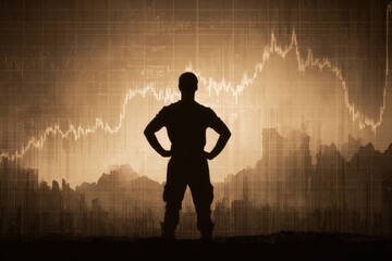 Silhouetted soldier standing over financial chart
