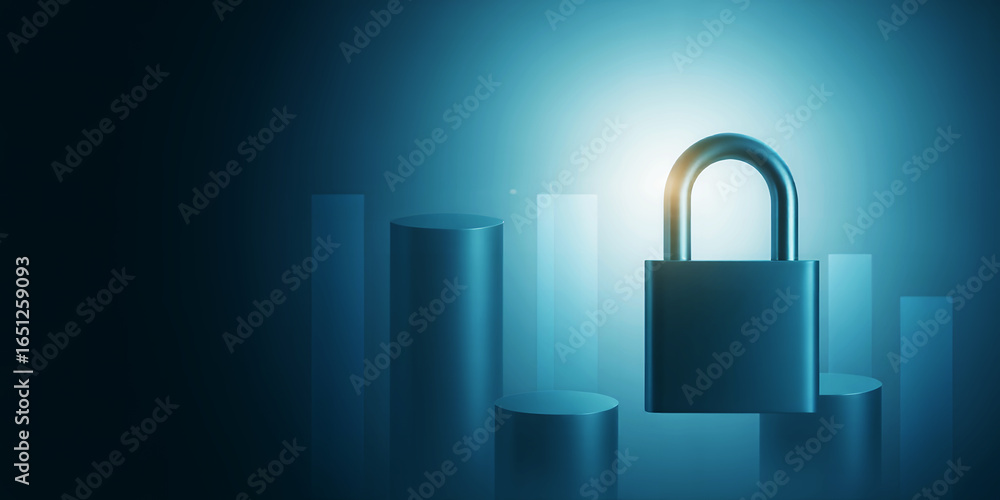 Poster close up of a padlock in a blue environment with cylindrical shapes and a light source behind
