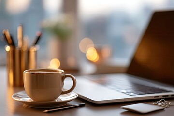 Cozy workspace with coffee and laptop