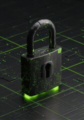 Dark lock, glowing green, circuit board