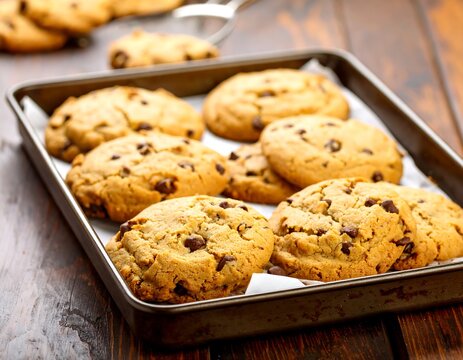 Freshly baked chocolate chip cookies on a baking sheet (3)