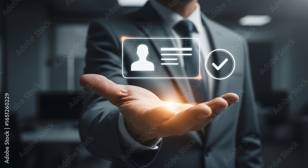 Poster professional businessman presents validated digital identity with glowing confirmation check mark, s