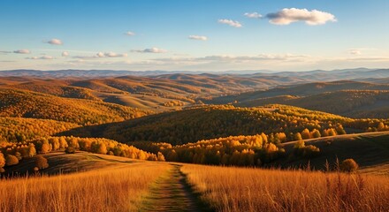 Vast Expanse of Rolling Golden Hills Bathed in Warm Autumnal Sunset Light.