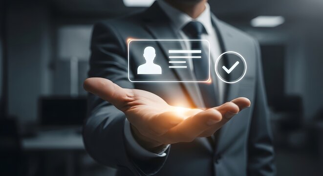 Professional businessman presents validated digital identity with glowing confirmation check mark, symbolizing trust and verification in modern business.