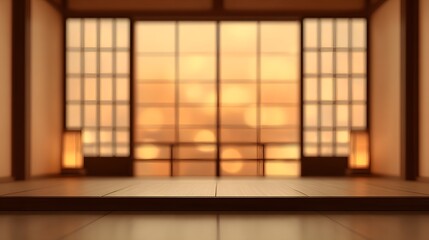 blurred image of a Japanese tea ceremony room interior at sunrise