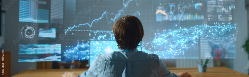 Poster individual analyzing digital data visualizations in a modern workspace during evening hours