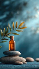 Amber glass bottle of essential oil on smooth stones, with foliage. Soft, teal-toned background