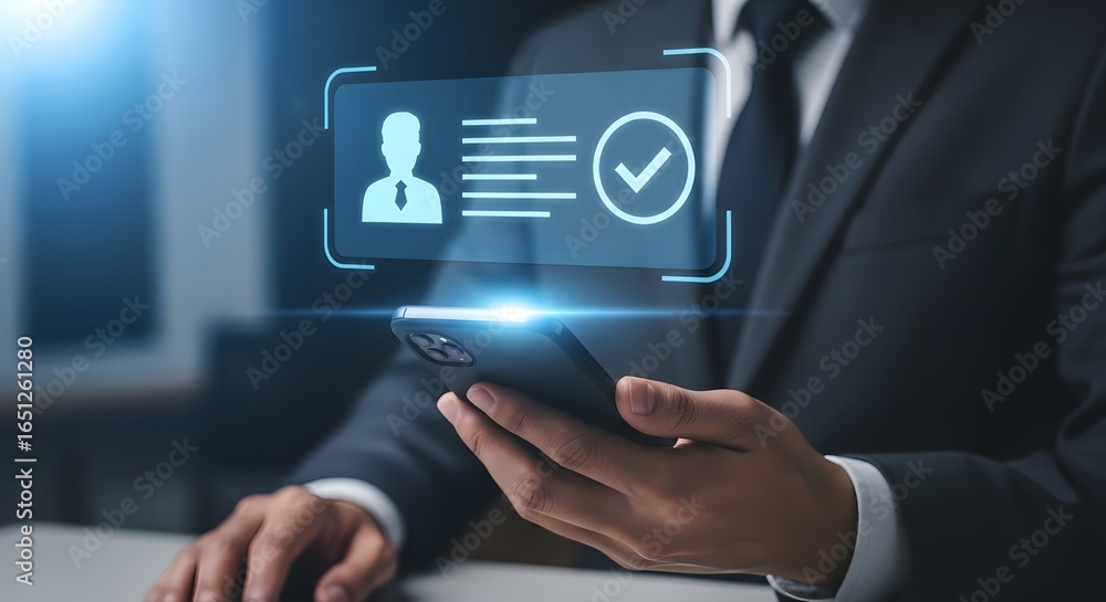 Aufkleber businessman successfully verifies identity and profile data on smartphone with glowing digital inter