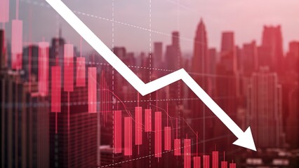 Red stock market crash chart with downward arrow and city skyline