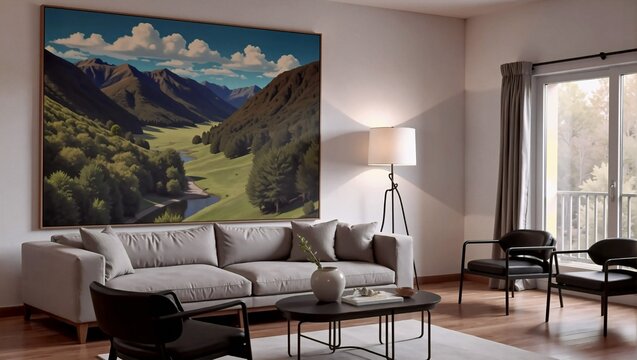 Elegant living space bathed in natural light, featuring a stunning mountain landscape painting and cozy modern furnishings.