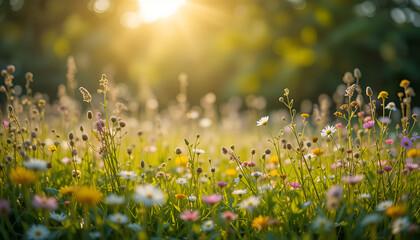 Stunning wildflowers blooming in golden sunlight, creating a peaceful and serene natural scene
