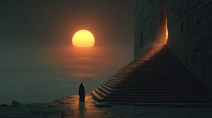 Silhouetted figure at sunset stairway to an ancient stone archway