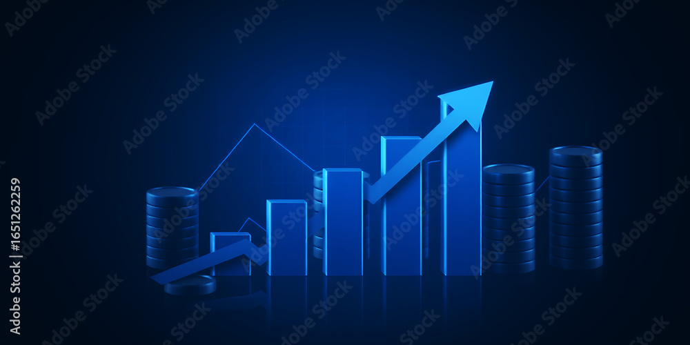 Poster blue graphic showing an increasing bar chart with an arrow pointing upwards and coins stacks