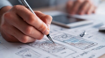 Creative process of a graphic designer sketching user interface concepts on paper with a pen