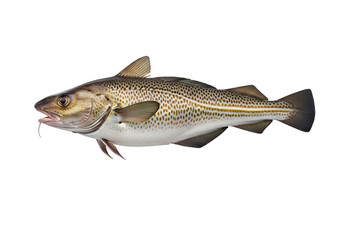 A whole codfish, speckled with dark spots, is presented against a stark black background.