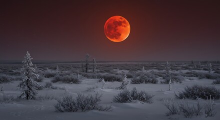 Blood moon over a snow-covered landscape in a cold climate,Lunar eclipse in the winter wilderness with snow-covered ground and trees