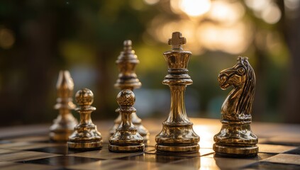 Golden chess pieces in a sunlit garden setting
