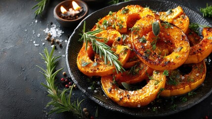Delicious roasted pumpkin slices garnished with herbs and spices served on a black plate for healthy meal