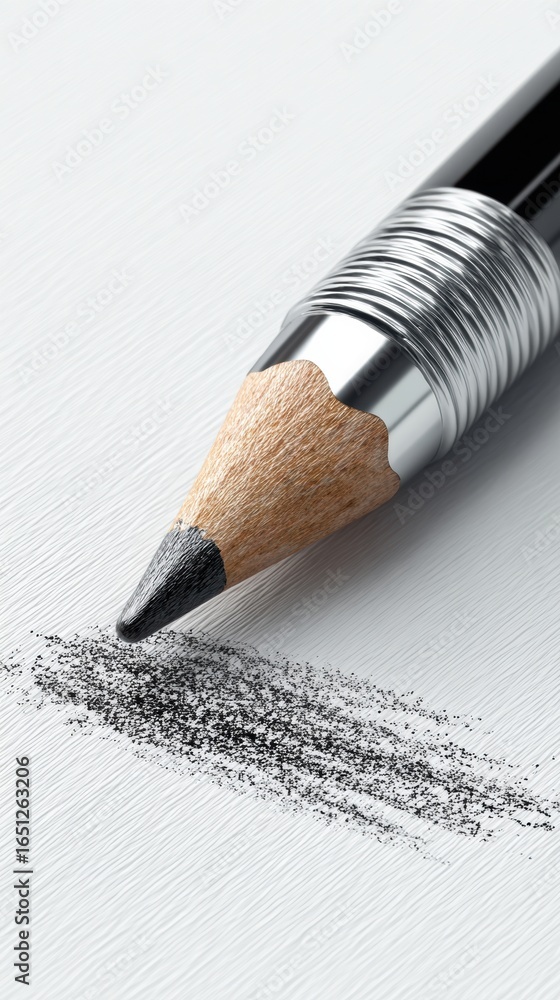 Poster close-up of a sharpened pencil creating a smooth graphite stroke on white paper during an art sessio